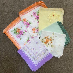 - 6 NEW face cloths handkerchiefs 100% cotton plain & printed crochet edges
